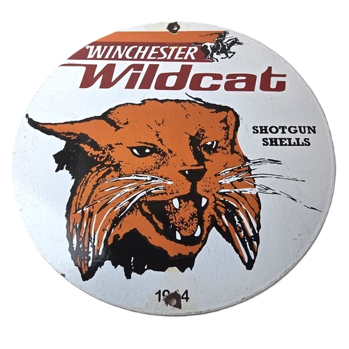 Vintage Winchester Porcelain Sign - Shot Gun Shells Wildcat Gas Pump Sign