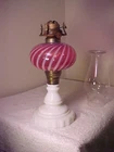 Antique Cranberry Pink Opalescent Swirl Oil Lamp Milk Glass Fenton?