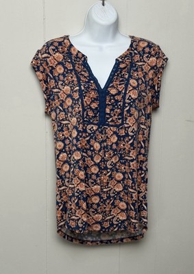 Daniel Rainn Women s Orange and Blue Floral V-Neck Sleeveless Blouse Size S
