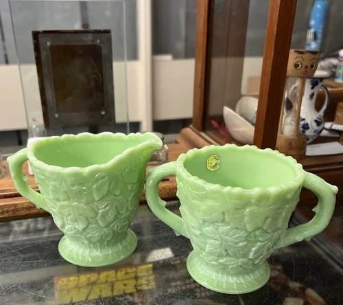 Westmoreland Jadeite Green Glass Bramble-Maple Leaf Sugar  Creamer Non Uranium
