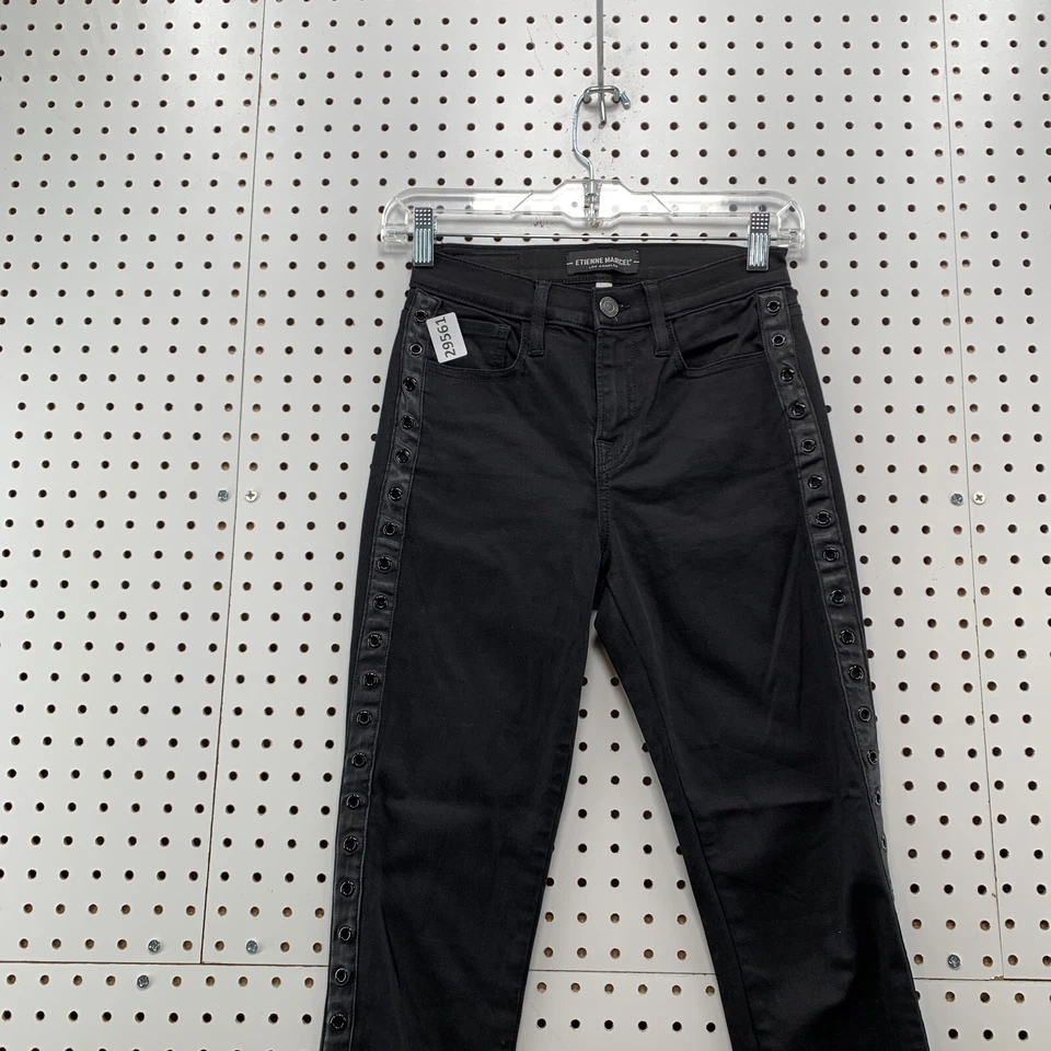 Pantalones de mezclilla negros ETIENNE MARCEL para mujer talla 26 elásticos ajustados agujeros perforados 25x28 Foto 2 de 4