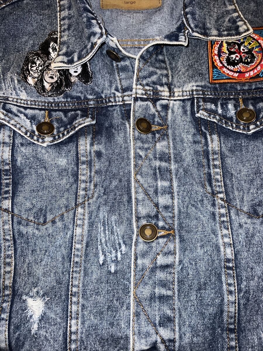 Kiss Rock Metal Studded Patched Denim Jacket Size L Carbon Kiss Rock Metal Studded Patched Denim Jacket Size L Carbon