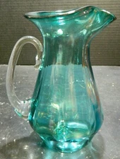 Vintage Hand Blown Art Of Fire Signed Aqua Blue Optic Pitcher Applied Handle Exc