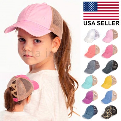 C.C Kids Children Girl Washed Denim Ponytail Messy Bun Tucker Baseball Cap Hat