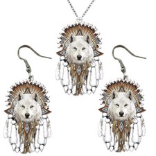Jewelry Native American White Wolf Wolves Nature Pendant Necklace & Earrings Set