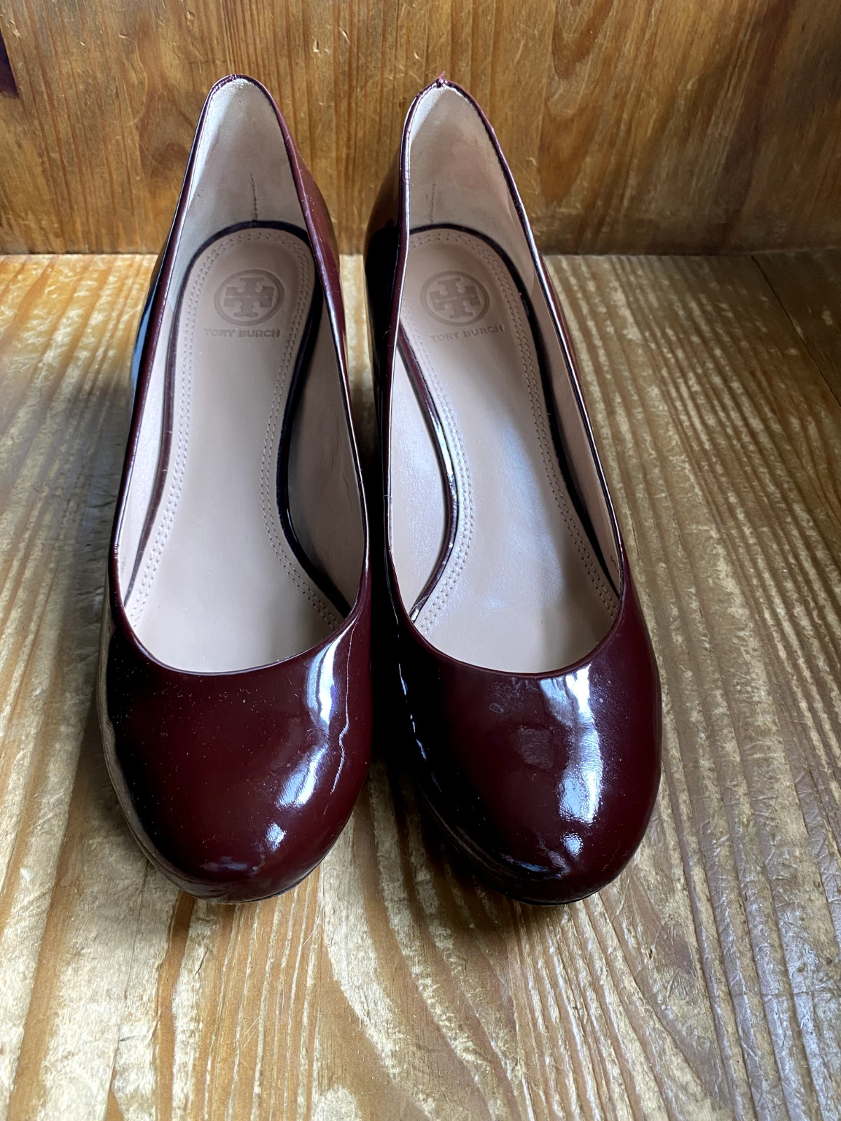 Scarpe Tory Burch Astoria Zeppa Pelle Verniciata Tg 8 5 Vino Borgogna