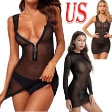 Women's See Through Dress Cover Up Dress Sheer Mesh Nightdress with Mini Thongs
