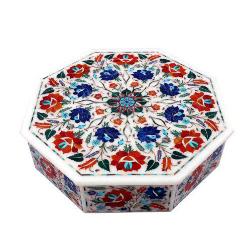 Caja de joyería de mármol artesanía floral semipreciosa incrustación fina decoración de trabajo - Imagen 1 de 2