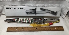 Vintage Decorative Serrated Hunting Knife & Sheath W Jewels & Camo Decor W Box