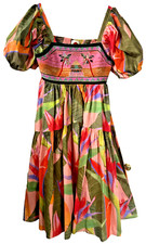 FARM RIO Pink Garden Tropical Beaded Smocked Tiered Dress Sz L