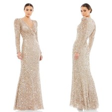 NEW NWT Mac Duggal Puff Shoulder Sequined Surplice Gown Shimmering Gold SIZE 4