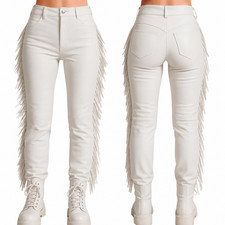 Women's White Leather Fringe Pants High Waist Western Cowboy Slim Fit Trousers