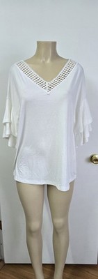 Evaless White Lace V-Neck Ruffle Sleeve Knit Blouse Women's L Regular