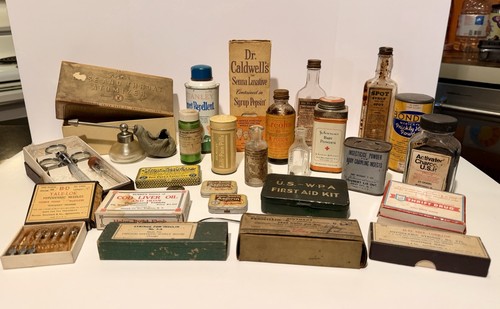 Vintage Medical Collectibles Lot Syringes Bottles Tins WPA First Aid Kit 1930s+