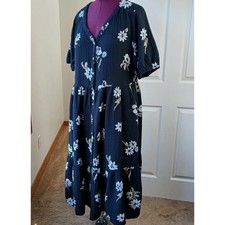 Sonoma Button Thru Femme Midi Dress 1X repaired black tan floral cotton