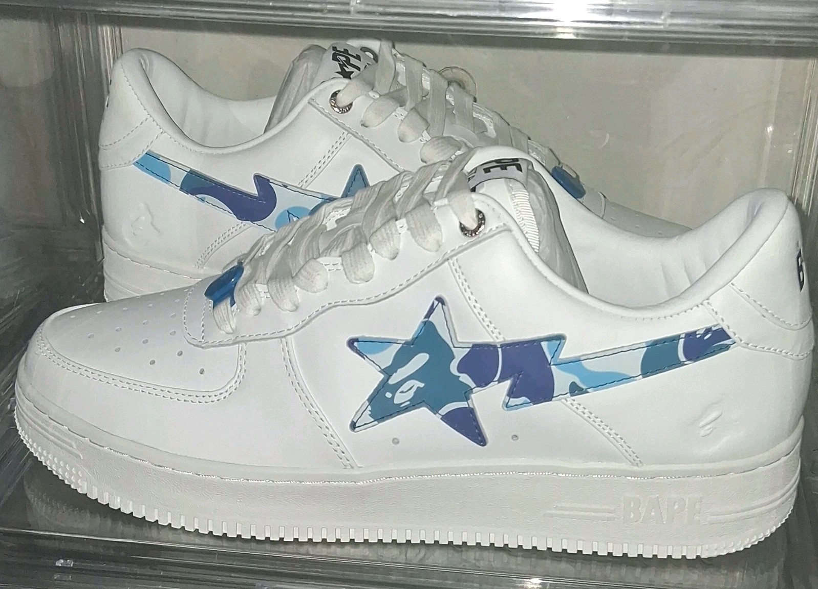A Bathing Ape Bapesta Blue Camouflage 1170191005 White Leather Men's Sneaker thumbnail 3