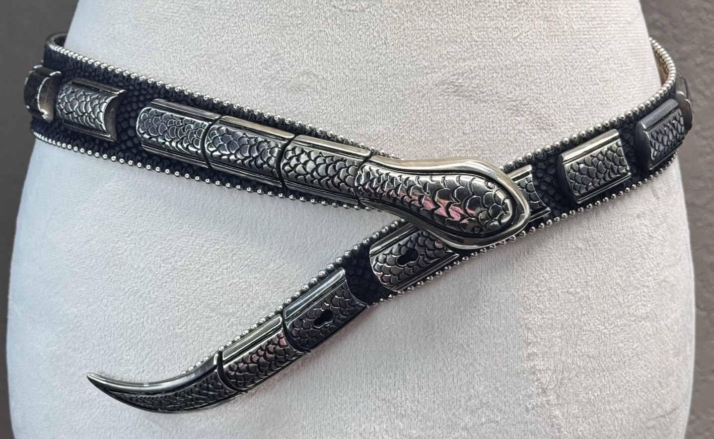 Vtg Leather Streets Ahead Viper Belt Black Italian Rockabilly Silver Snake  M/L