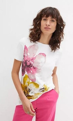 FREEMANS Damen Blumenmuster Top Rundhalsausschnitt Kurzarm Weiß (fmn75-16)