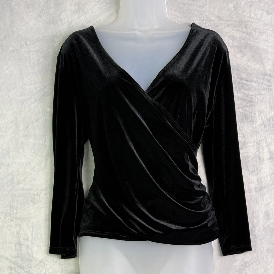 vtg y2k Dressbarn Black Velvet surplce Top Sz L witchy whimsigoth holiday vampy - Image 2 of 4