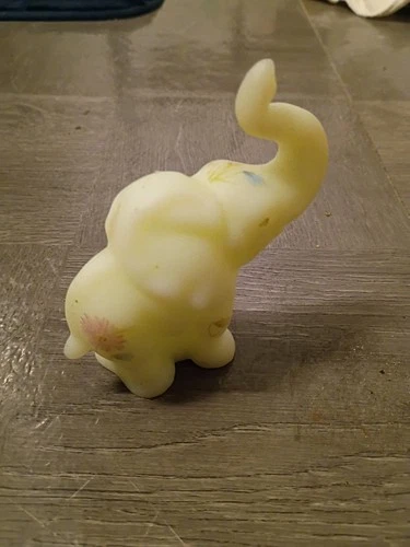 Fenton Elephant Hand Painted Floral Yellow Iridescent Glass Figurine