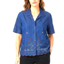 Koret Women's Blue Denim Embroidered Layered SS Button Front Vintage 80s Top 18W