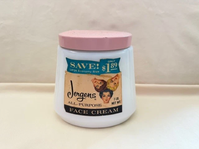 Vintage Large Jergens Face Cream Milk Glass Jar Pink Lid Bathroom