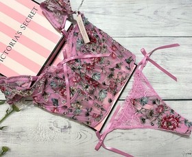 Victoria's Secret Tiktok Floral Bra Top Bustier Corset Side Tie Thong Set Pink