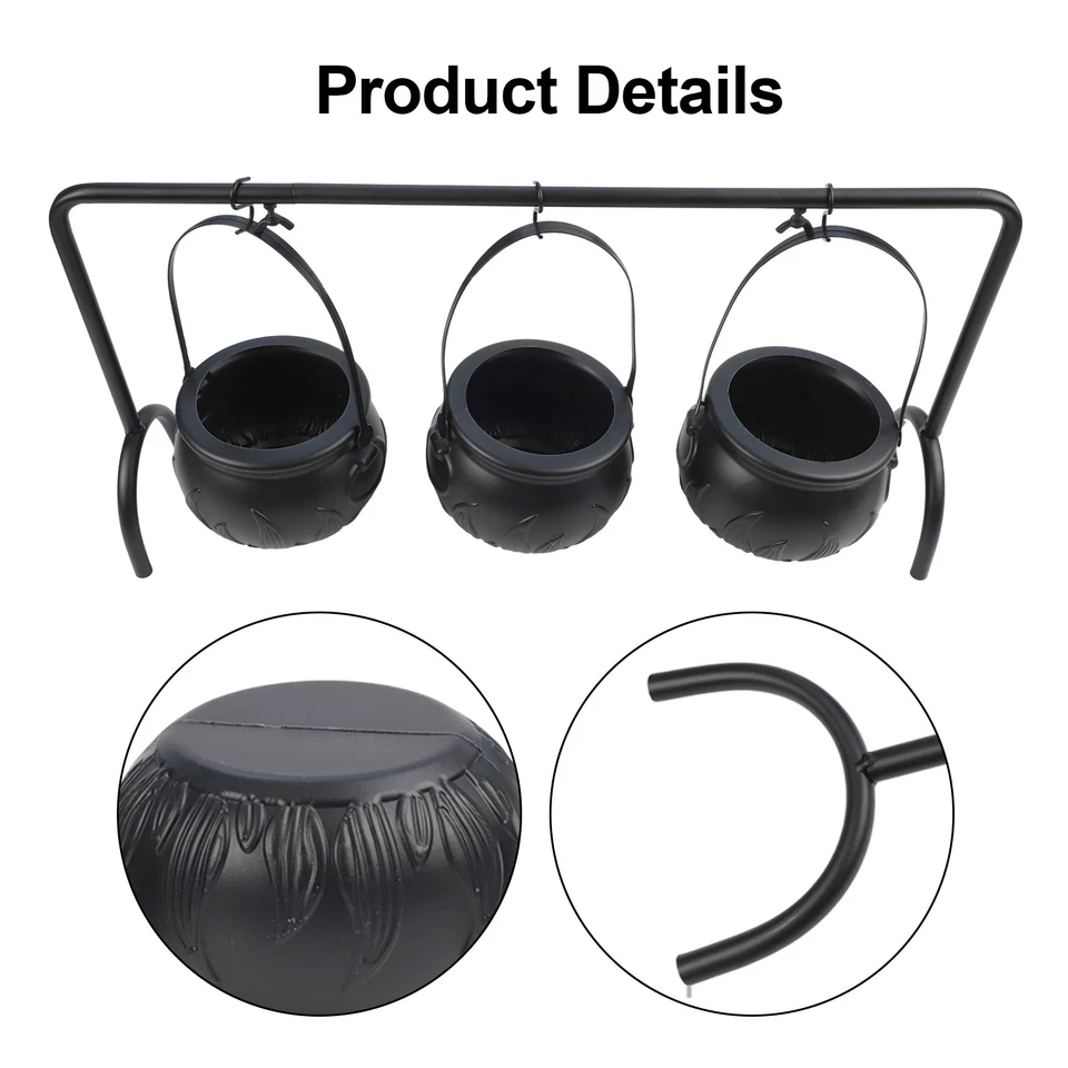 Set of 3 Halloween Witch Cauldrons Candy Bowls with Metal Rack Black Color - Image 4 of 4