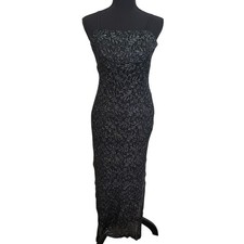 Vintage 90s Black Silver Metallic Maxi Dress Square Neck Sleeveless Side Slit