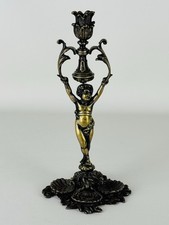 Antico Candelabro In Bronzo Porta Candela Statua Putto E Conchiglie Fine XIX Sec