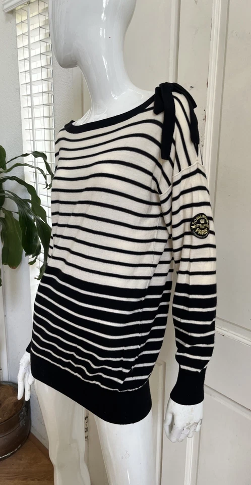 SONIA RYKIEL PARIS H&M ¡RARO! Cuello de barco a rayas negro/crema ¡SUAVE! Suéter de punto XS/S Foto 3 de 4