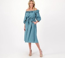 Destination 365 Midi Dress Size 2X Clip Dot Off Shoulder Floral Ruffle Trellis