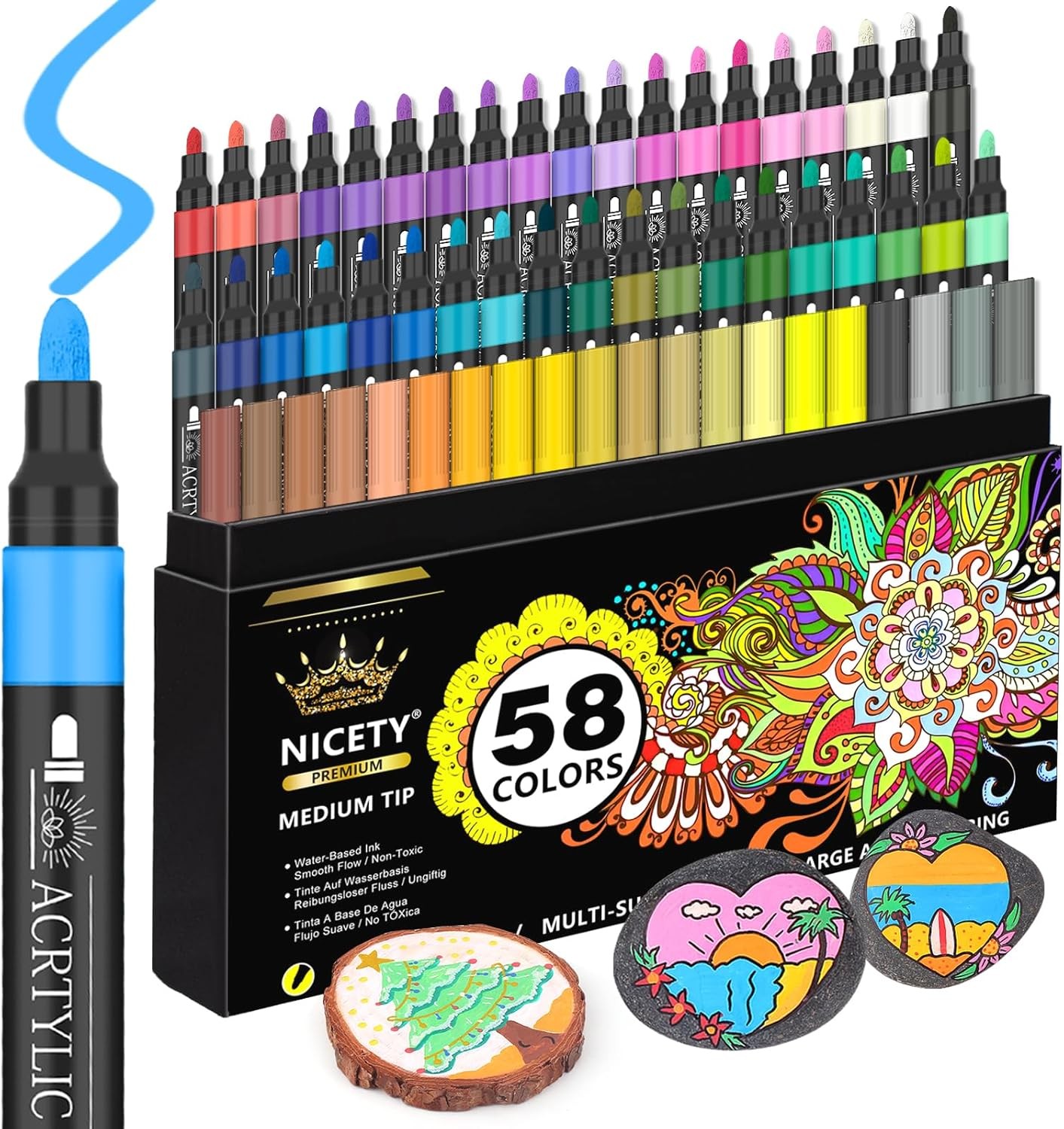 NICETY 58 Colours Acrylic Paint Pens - 3mm Medium Tip Paint Markers Rock Painti