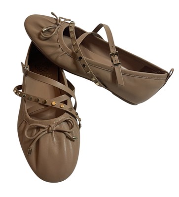 VINCE CAMUTO Solah Mary Jane Beige Bow Studs Ballerina Flats Leather  Shoes