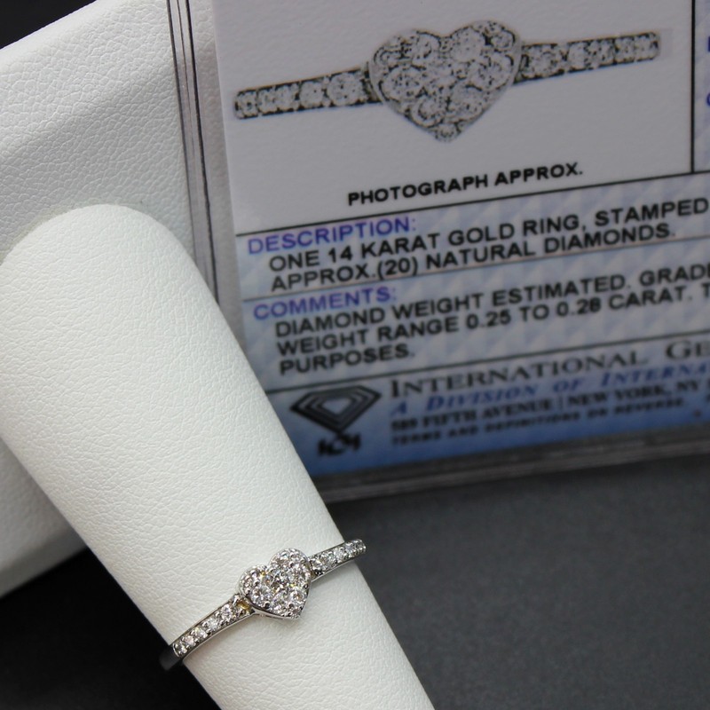 NATURAL .28 CARAT DIAMOND HEART CLUSTER 14K WG ENGAGEMENT RING IGI CERTIFIED 6.5