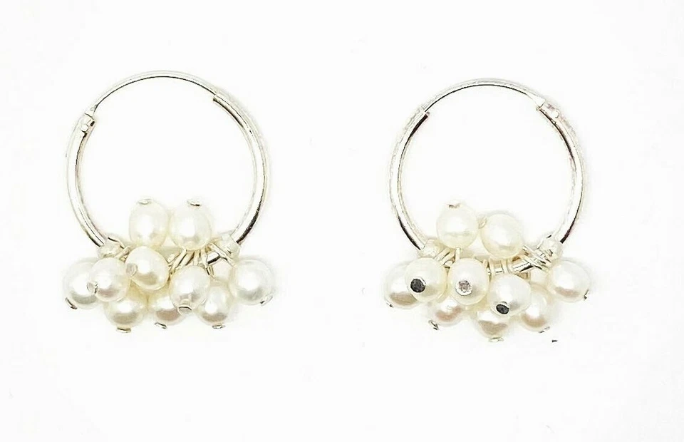 Genuine 925 Sterling Silver 26mm Medium Size Hoops with Turquoise or Pearl Beads - Image 2 of 3