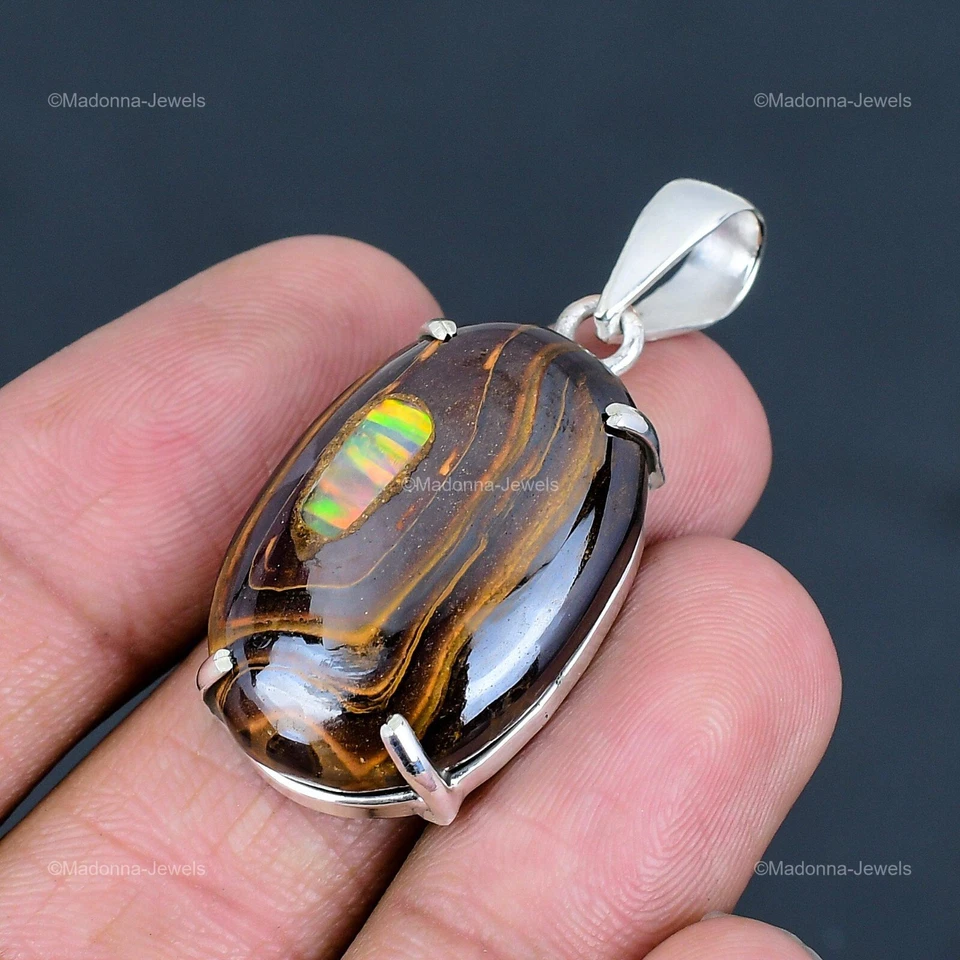 925 Silver Oval Natural Ethopian Opal In Boulder Opal Wife Bezel Pendant Jewelry - Image 4 of 4