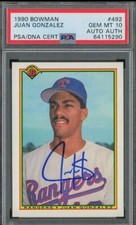 1990 Bowman - #492 Juan González (RC) PSA 10 GEM MINT W AUTO DNA AUTHENTIC
