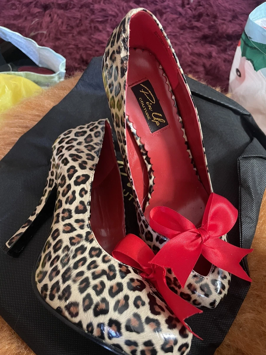 Ladies Leopard Pin Up Couture Shoes. Heels Sz 5 Red Bow Vgc