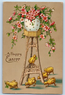 Easter Postcard Hatched Egg Flowers Baby Chicks Gel Gold Gilt 1913 Antique