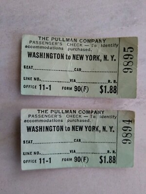 (2) VINTAGE UNBENUTZTE ZUGTICKETS VON THE PULLMAN COMPANY WASHINGTON NACH NEW YORK
