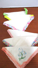 Vintage Set of 6 Various Colors CROCHET LACE EDGE HANDKERCHIEFS