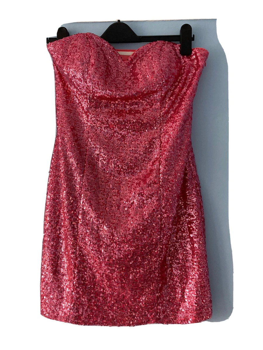 SALE New Milano Formals Barbie Pink Strapless Sequined Short Dress US6 UK 8 10