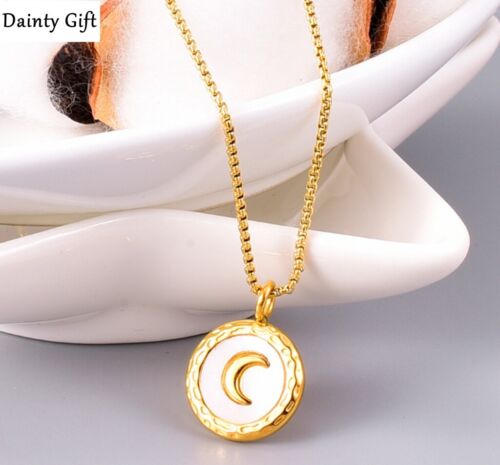 Gold Plated Titanium Stainless Steel Gold Round Seashell Moon Necklace 18-20" - Picture 1 of 9