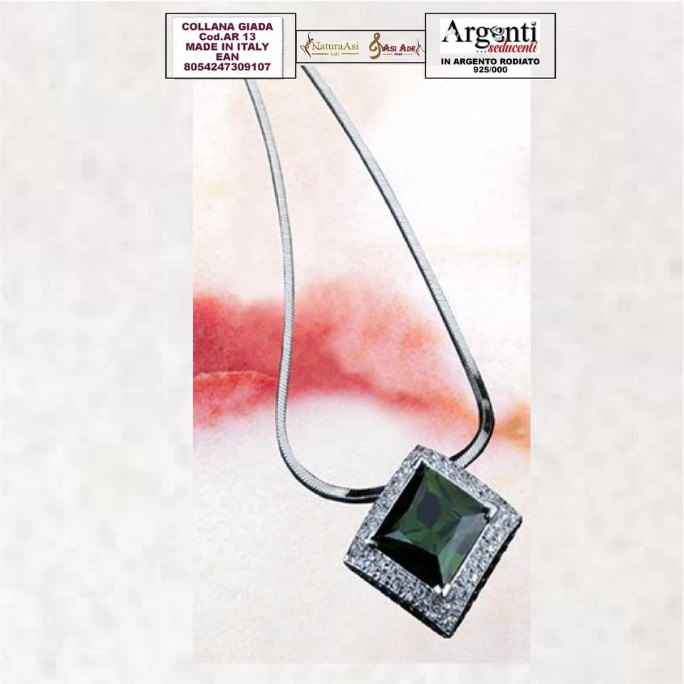 COLLANA GIADA PIETRA DURA ZIRCONE E STRASS ANALLERGICO ARGENTO RODIATO 925/1000 - Immagine 2 di 3