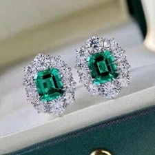 3Ct Lab-Created Green Emerald Halo Stud Woman's Earrings 14K White Gold Finish