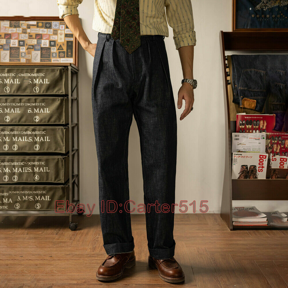 Red Tornado Naples Pleated Pants in Denim Vintage Style Loose Cut Jeans For  Men