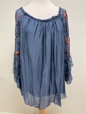 Blue Silk and Chiffon top With Floral Embroidery on Sleeves