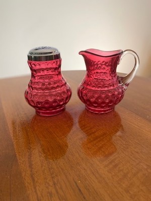 Vintage Ruby Red Coin Dot Hobnail Glass Creamer & Sugar Shaker Set Cranberry Gla