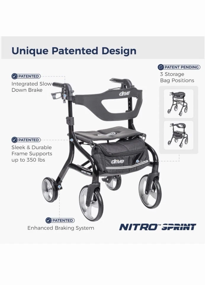 Drive Medical Nitro Sprint Hemi Rollator Walker Heavy Duty w/Seat Petite Red - Image 3 of 4